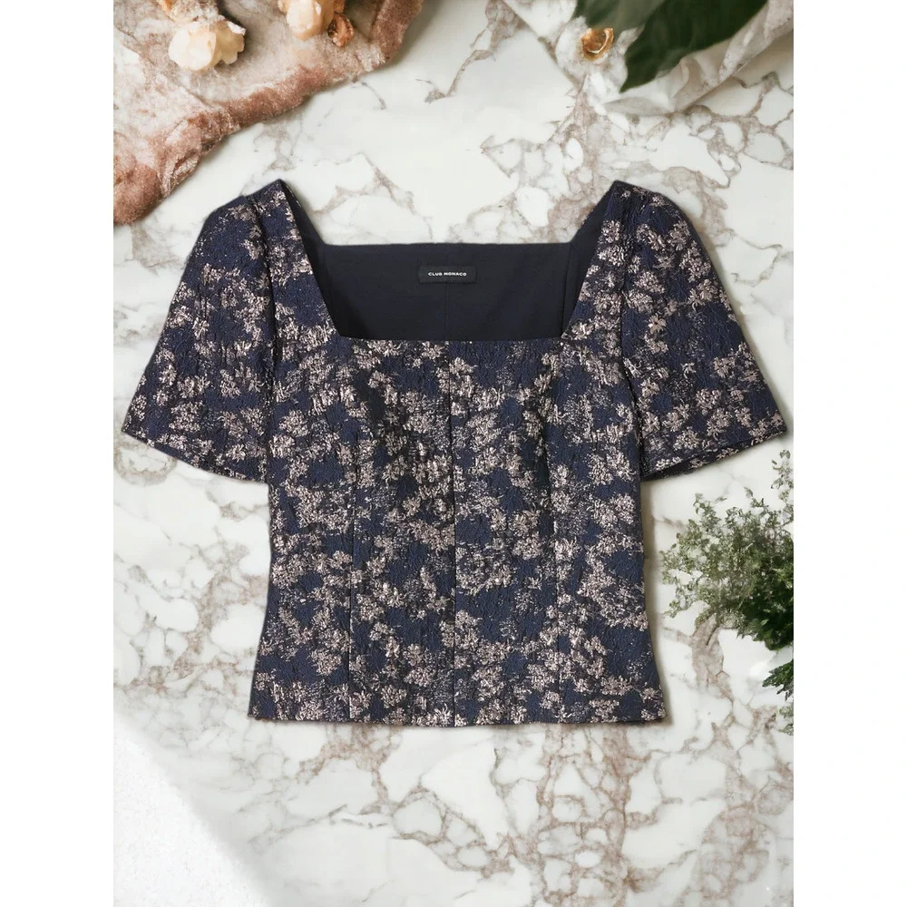 (60% OFF) NWT Club Monaco Brocade Blue Multi Puff Sleeve Blouse Size 6 MSRP $168 - Picture 5 of 6